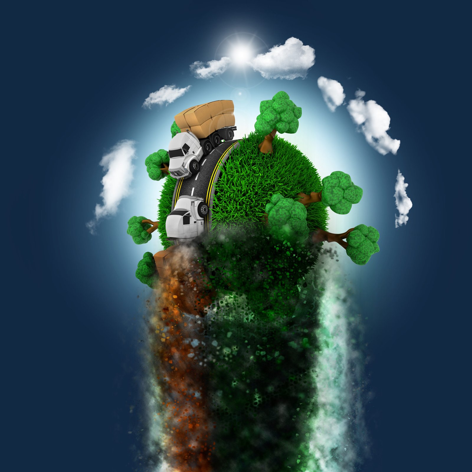 Two trucks driving through a green landscape symbolizing environmental pollution caused by humans.